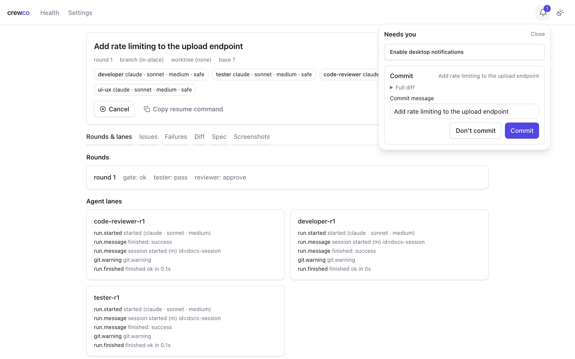 The Needs you panel with a commit approval: full diff, an editable commit message, and Don't commit and Commit buttons.