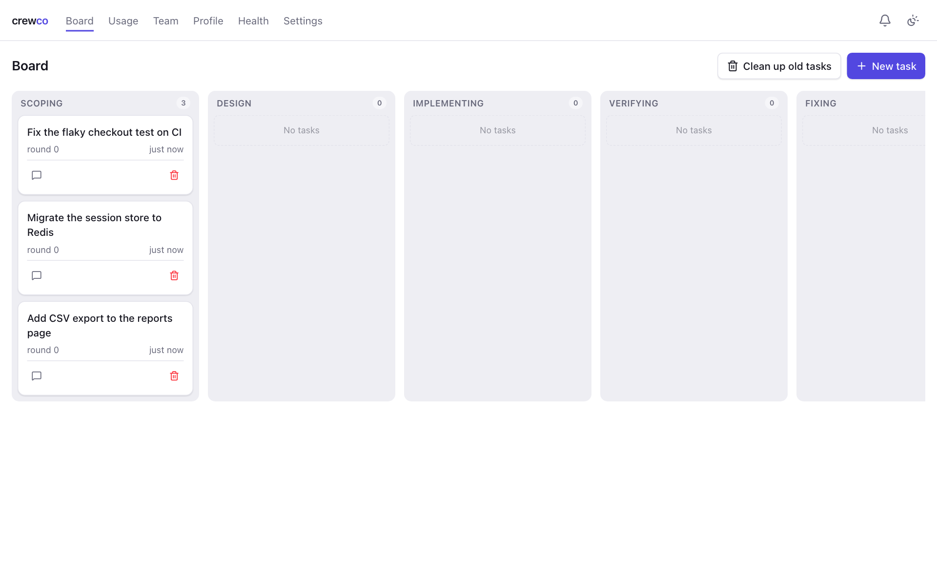 The task board with seven phase columns. Three tasks wait in Scoping and one is Done.