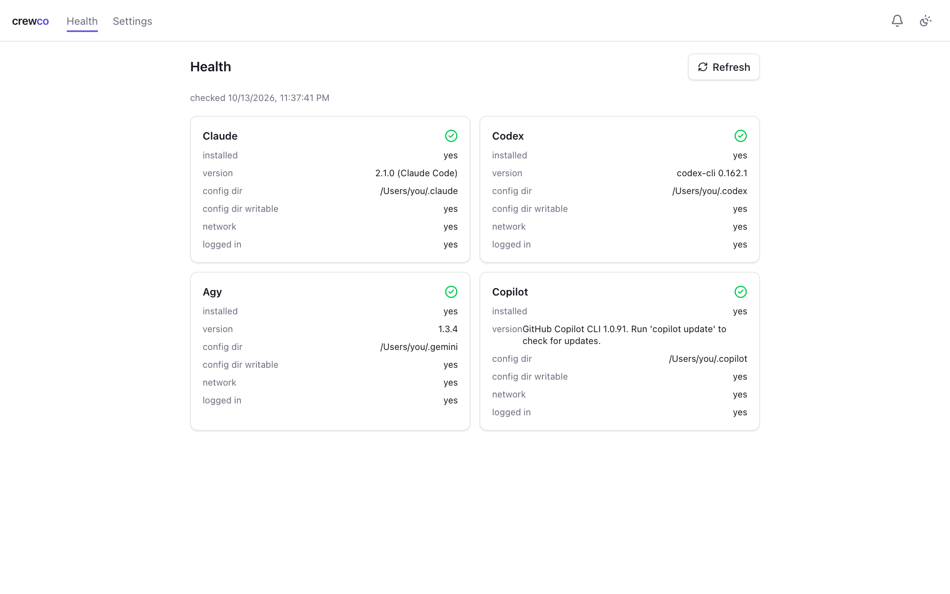 The Health page with a card for each of Claude, Codex, Agy and Copilot showing installed, version, config dir, network and logged in.