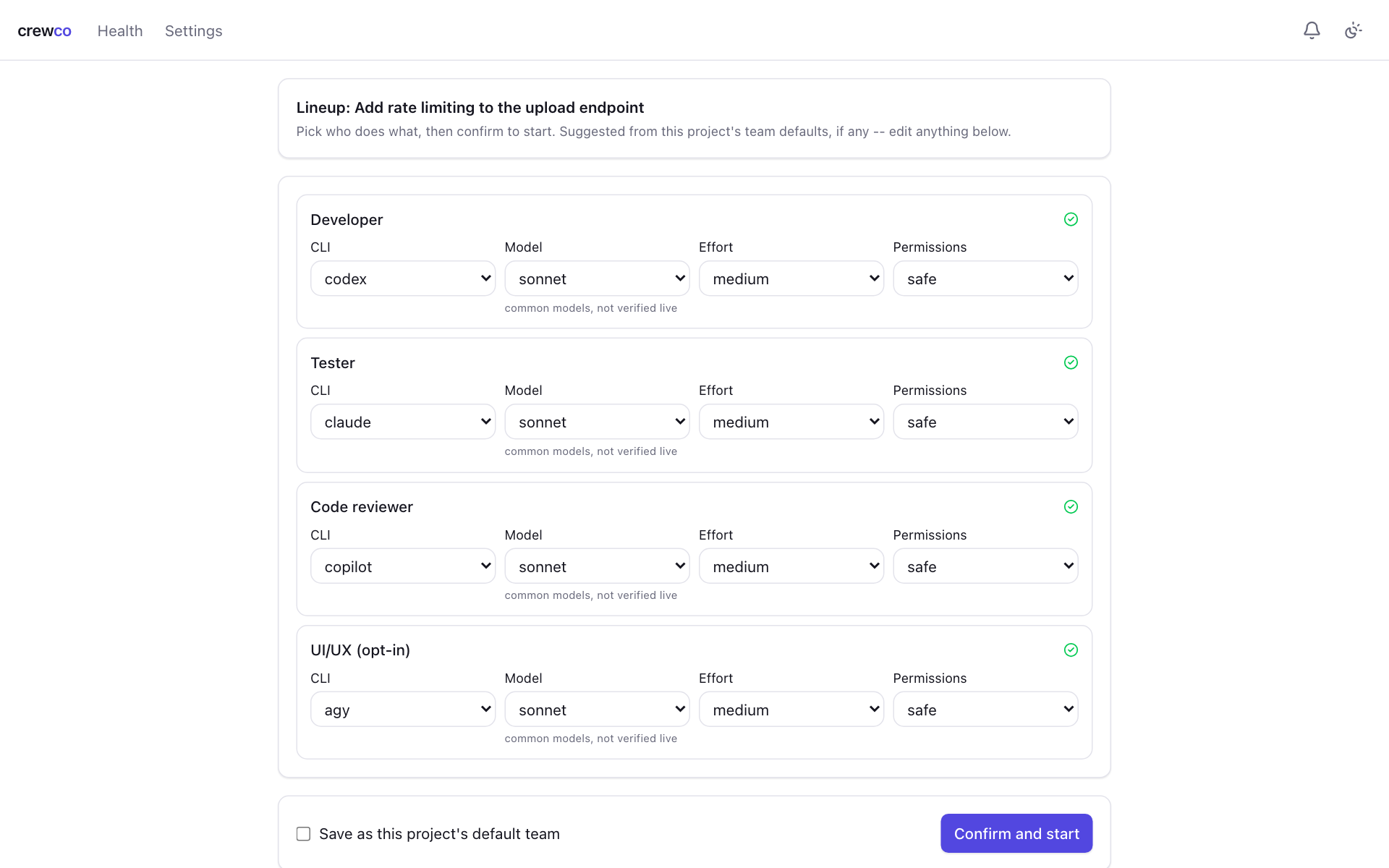 The lineup page with the Developer on codex, the Tester on claude, the Code reviewer on copilot and UI/UX on agy.