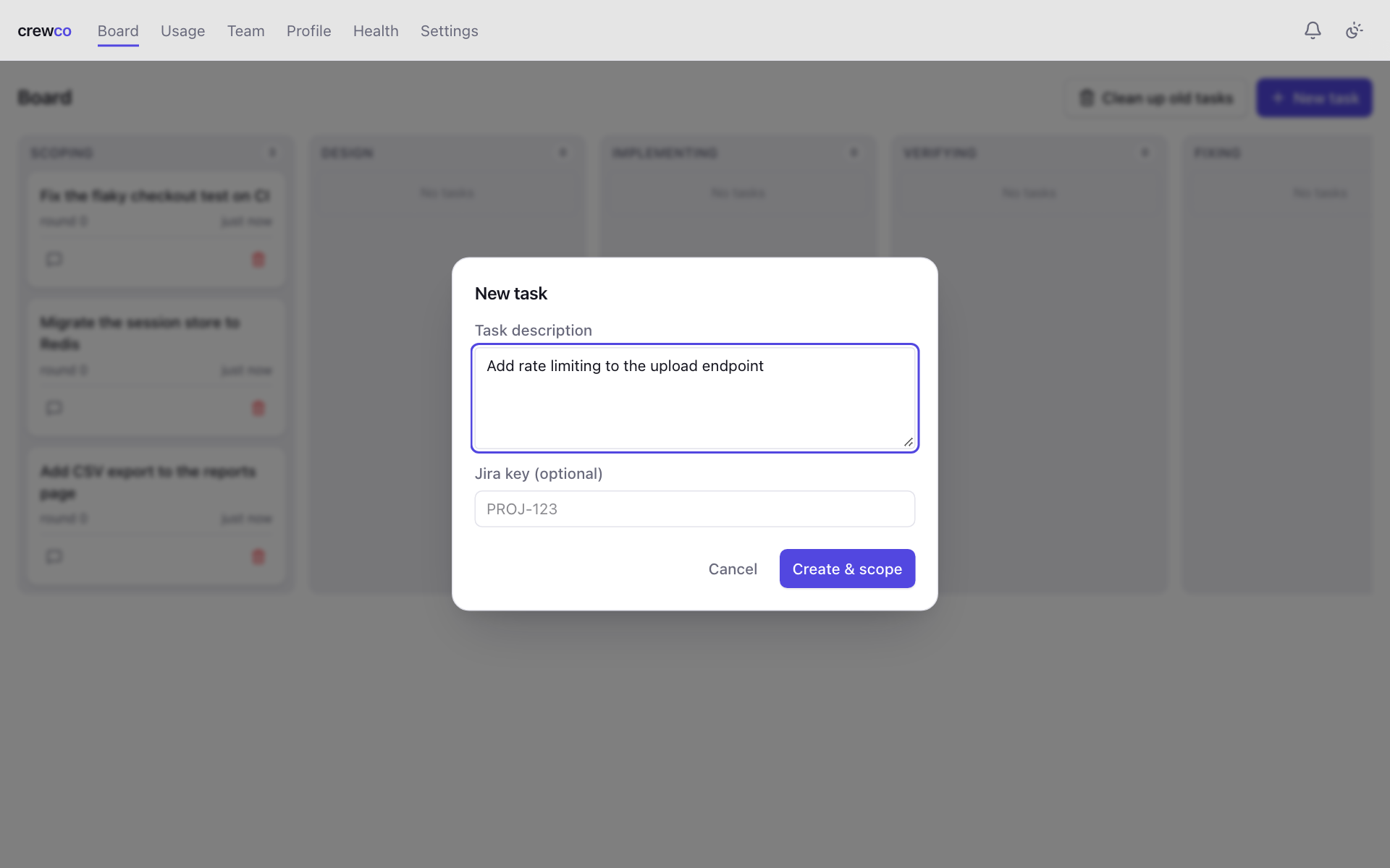 The New task dialog with a description field and an optional Jira key field.