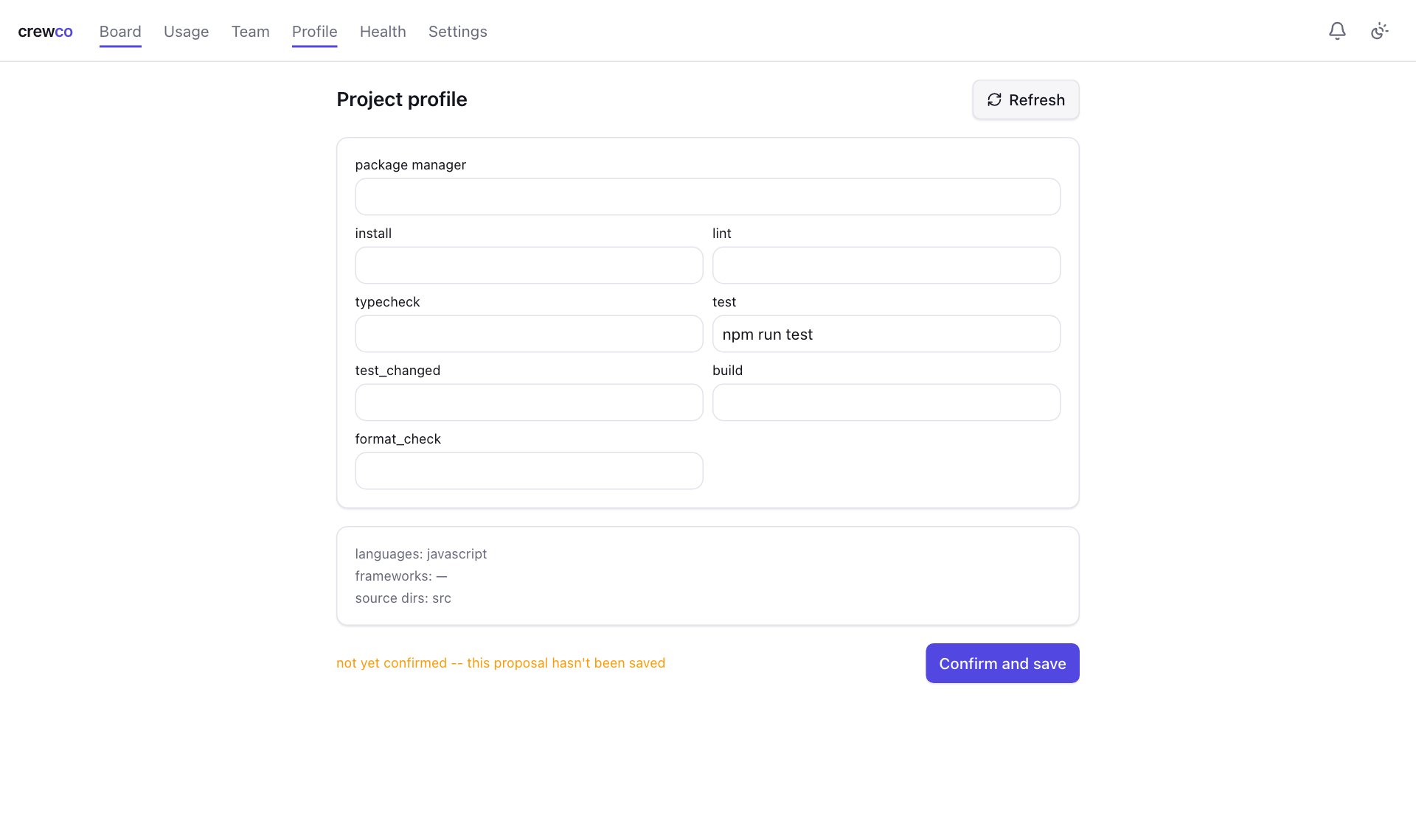 The Project profile page with detected commands such as npm run test and a Confirm and save button.