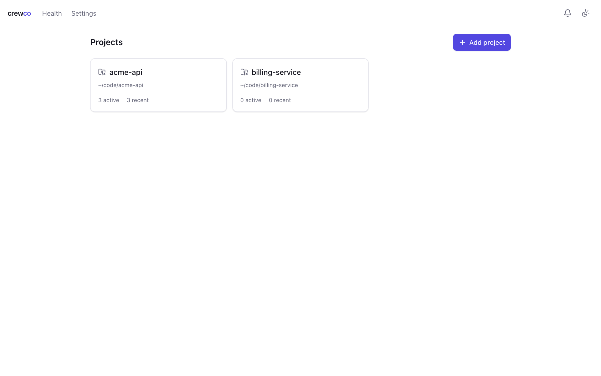 The Projects page with two project cards, acme-api and billing-service.