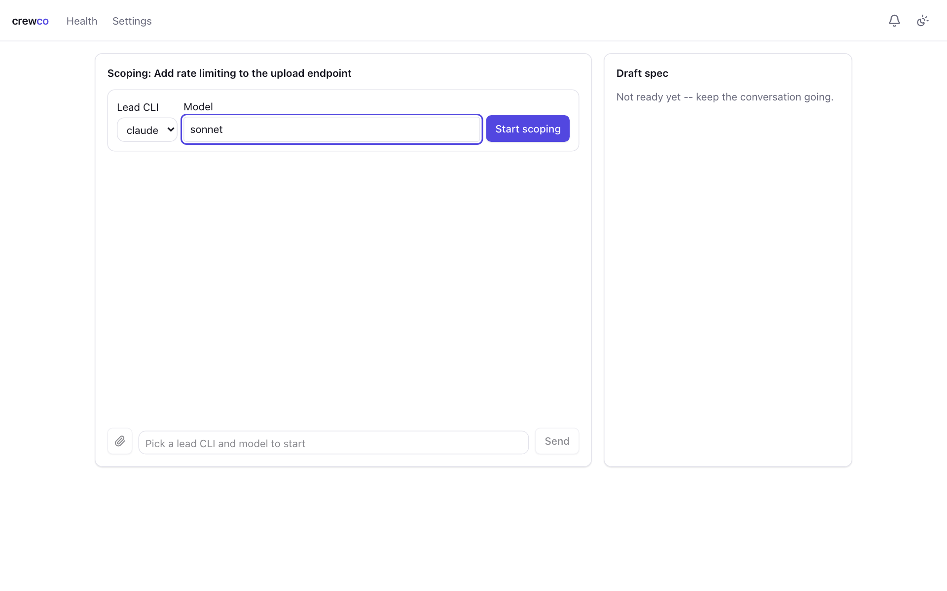 The scoping page before it starts, with a Lead CLI selector, a Model field and a Start scoping button.