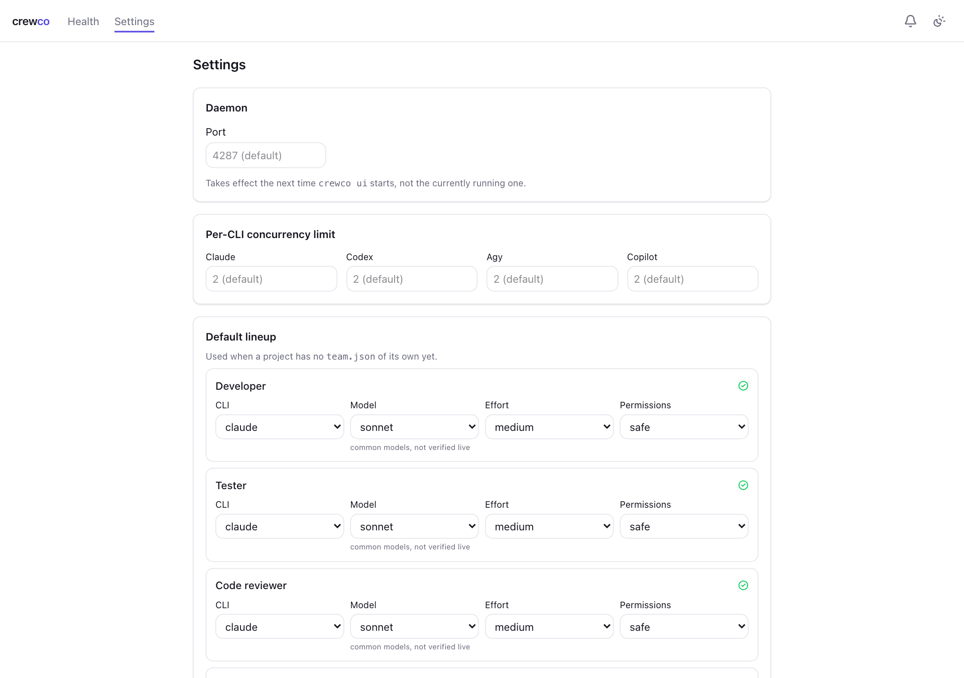 The Settings page with port, per-CLI concurrency limits and the default lineup.