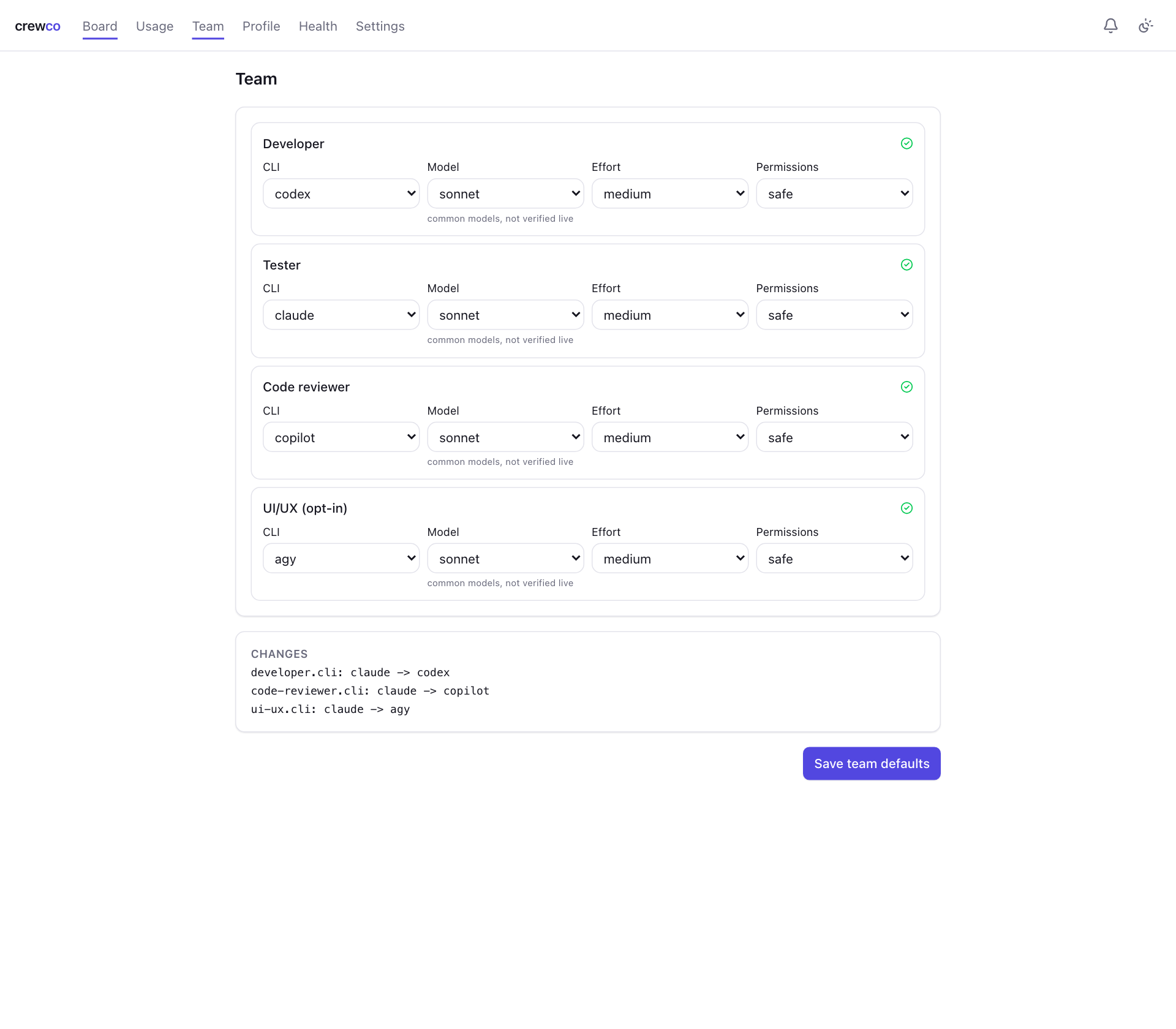 The Team page with one row per role and a Save team defaults button.