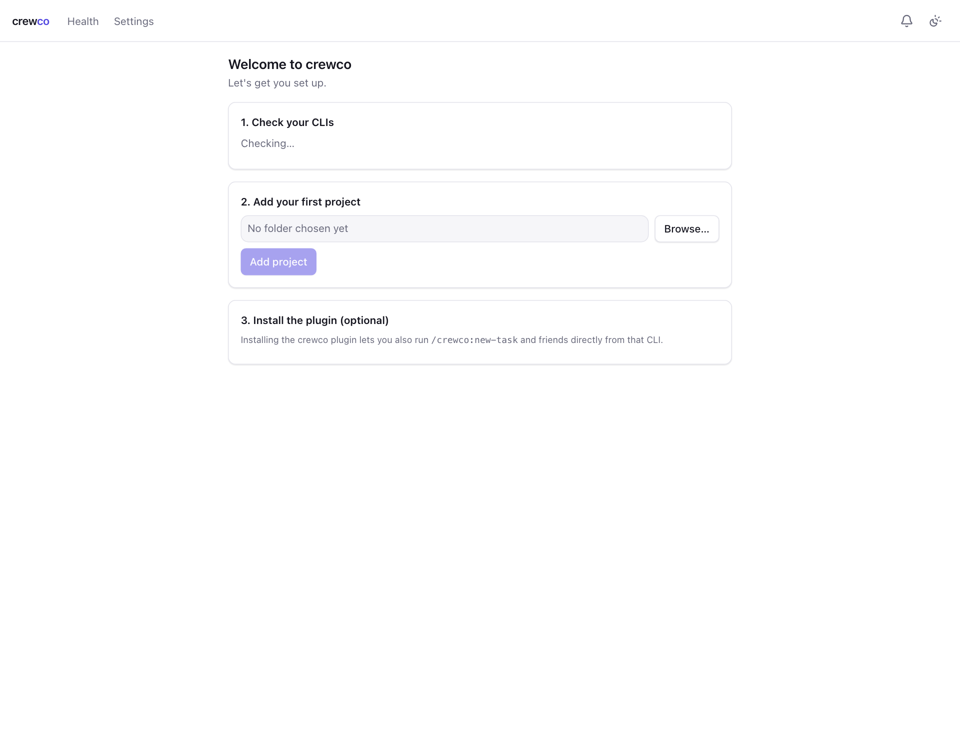 The CrewCo welcome wizard with three steps: check your CLIs, add your first project, install the plugin.